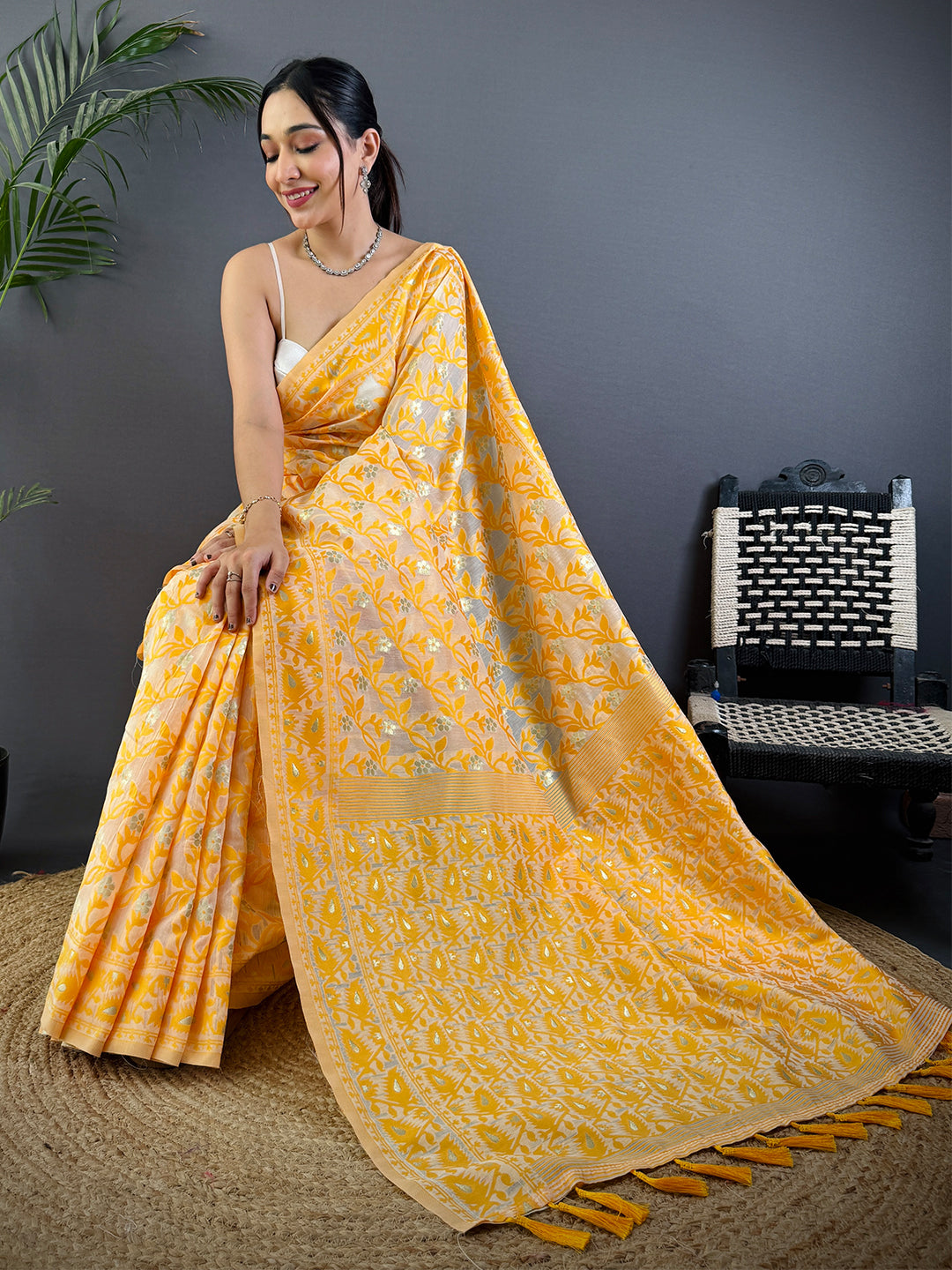 Gold Soft Dhakai Jamdani Silk Saree