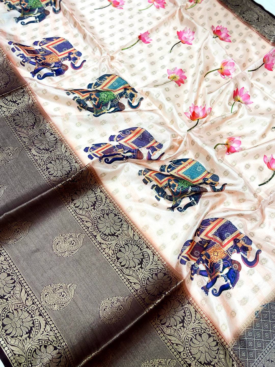 Peach Digital Elephant Motifs Banarasi Saree