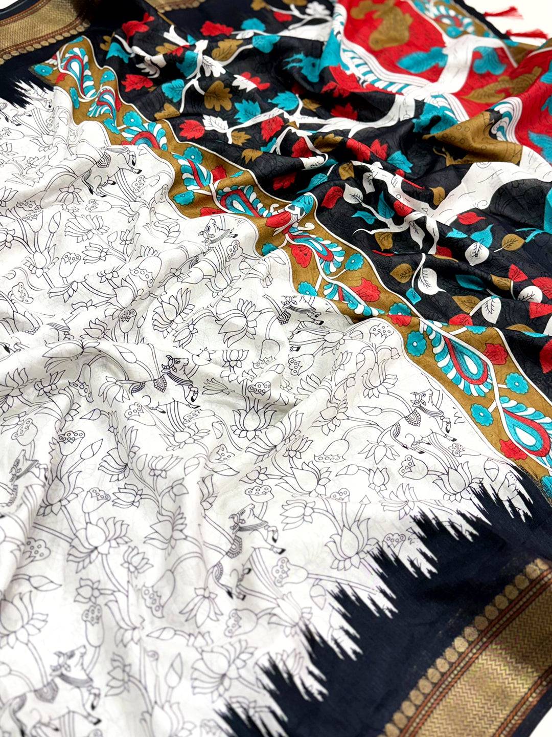 Black Pichwai Printed Dola Silk Saree