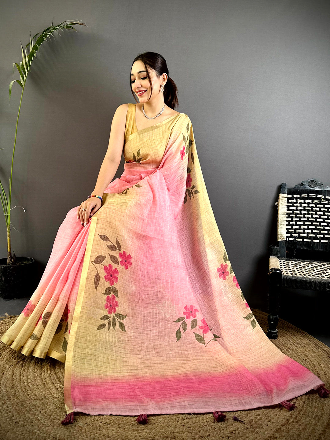 Regal Soft Linen Gold Zari Floral Saree