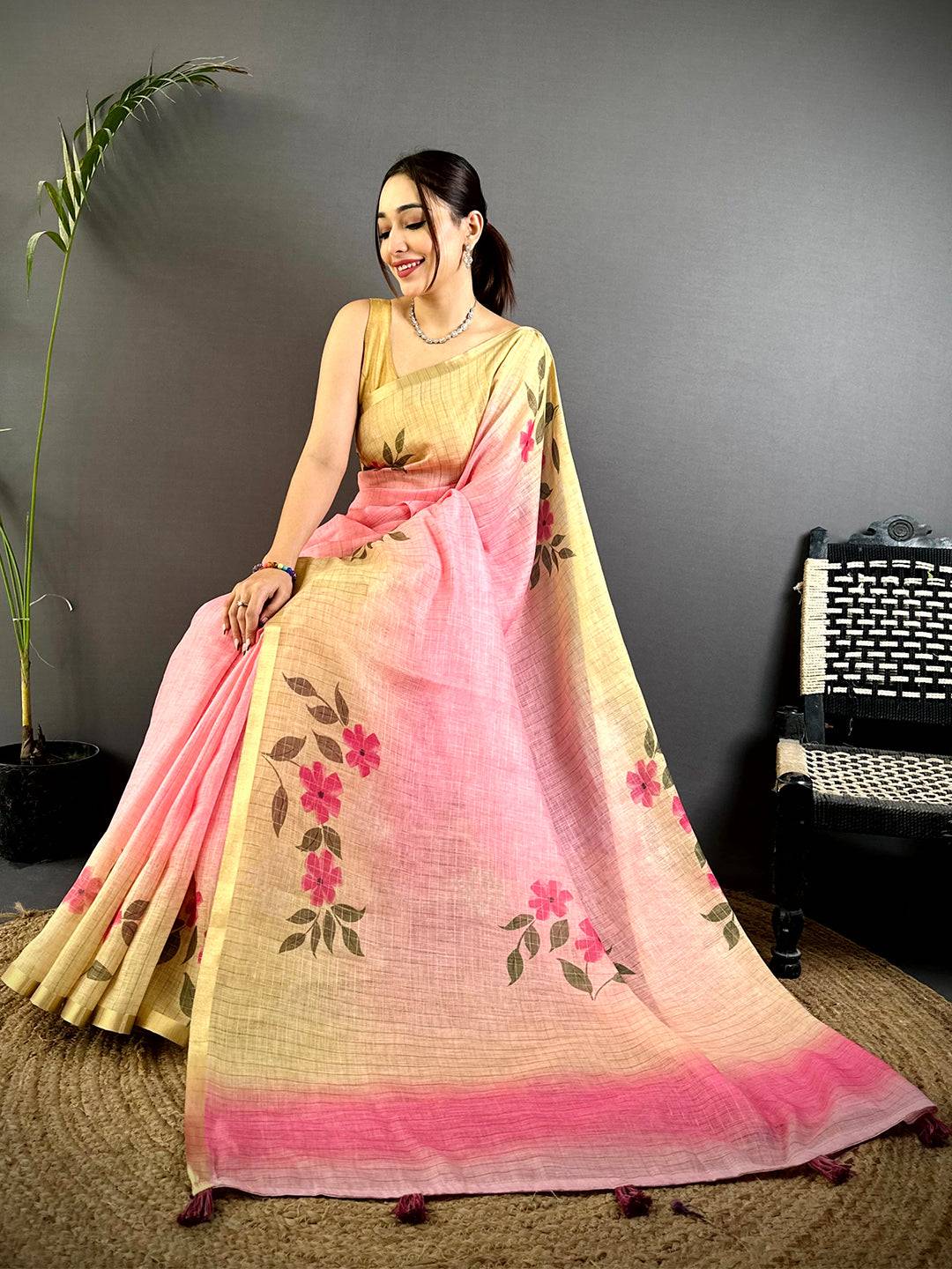 Regal Soft Linen Gold Zari Floral Saree