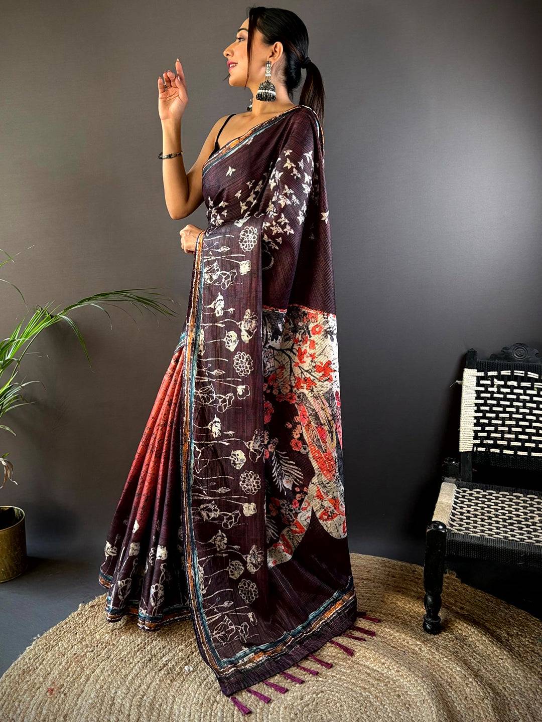 Purple Monochromatic Botanical Print Saree