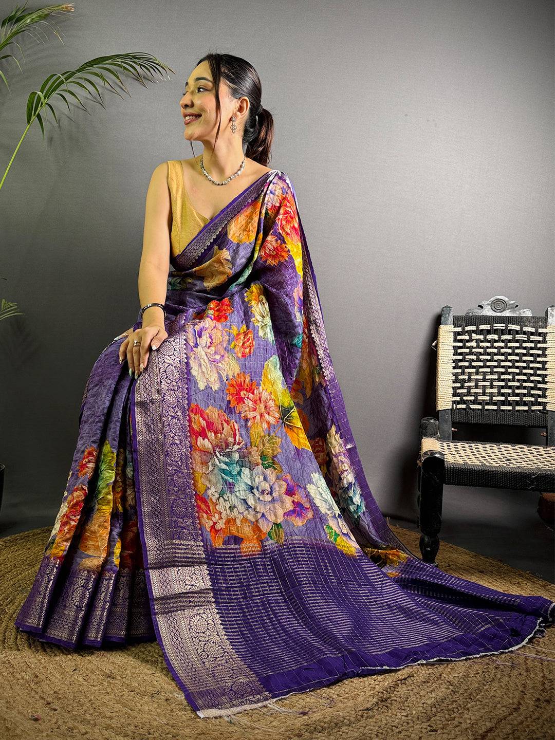 Violet Pure Viscose Kalalmkari Print Saree