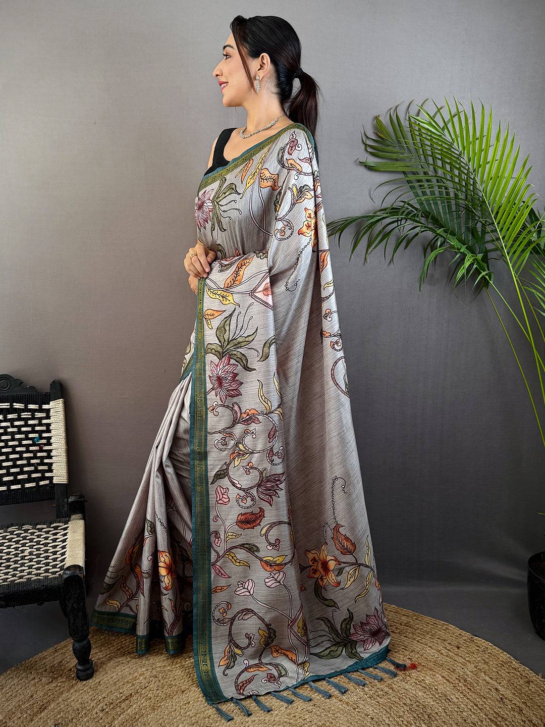 Grey Soft Silk Floral Print Saree