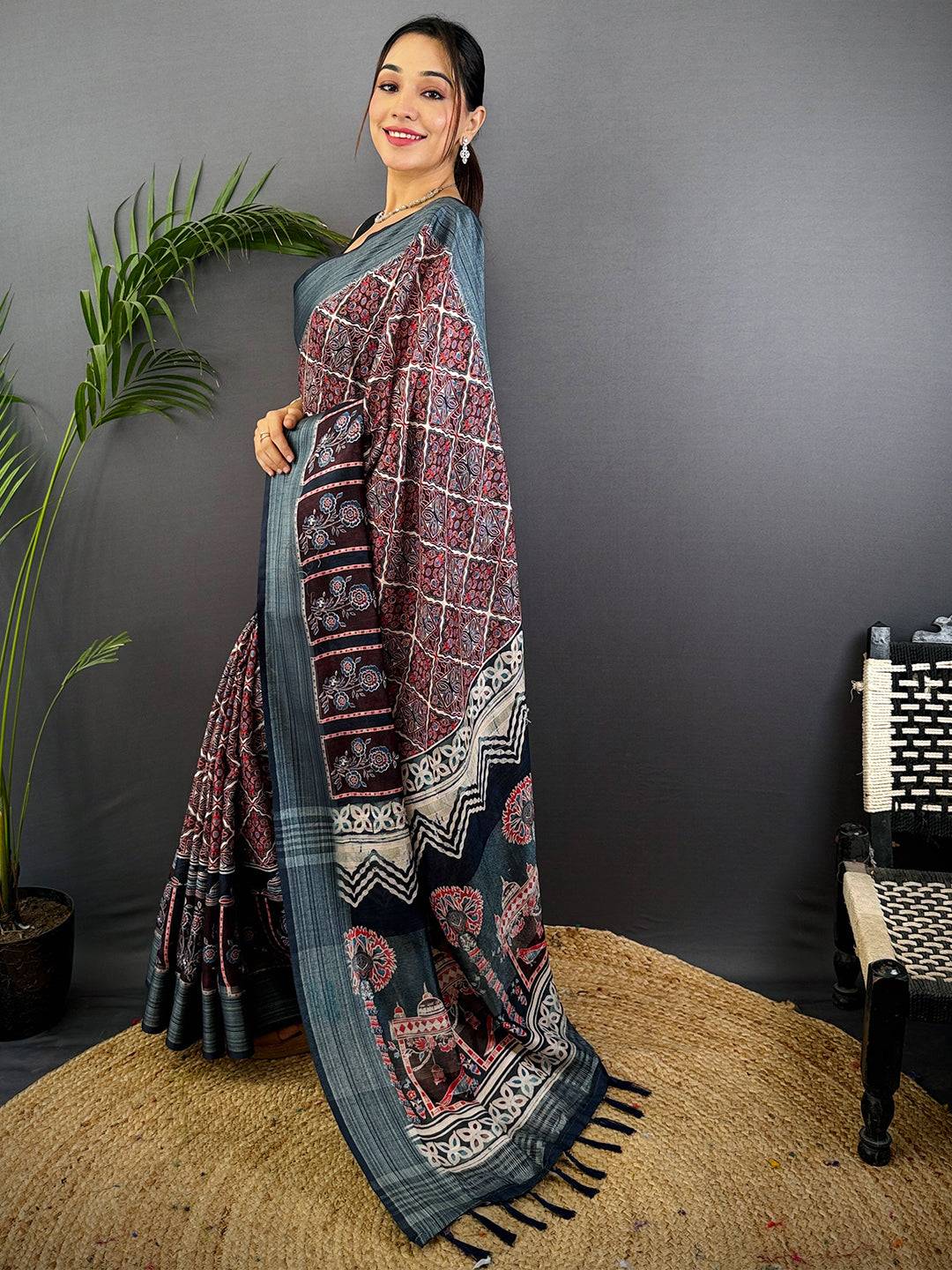 Multi Linen Block Kalamkari Print Saree