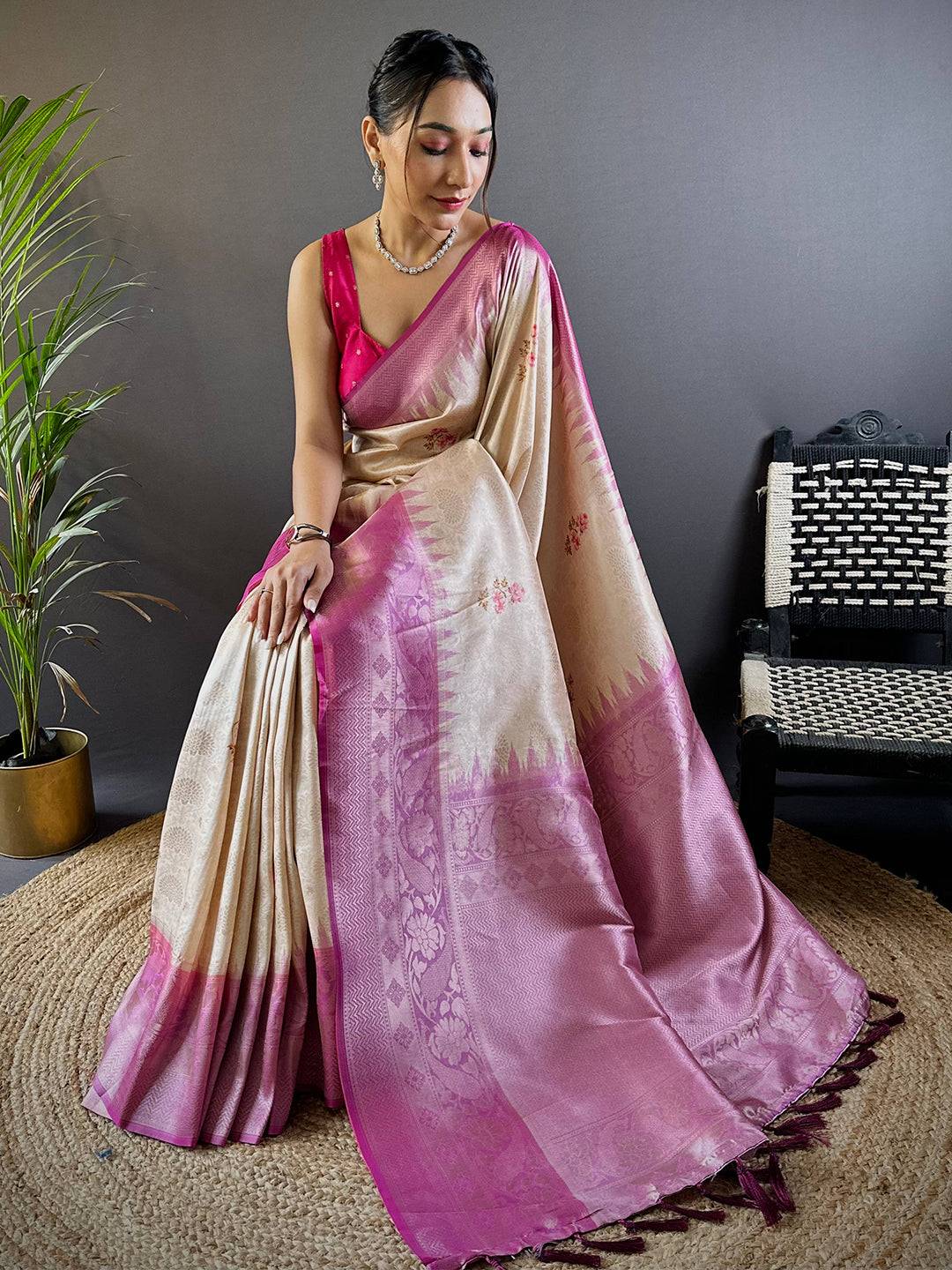 Digital Print Beige Color Silk Saree