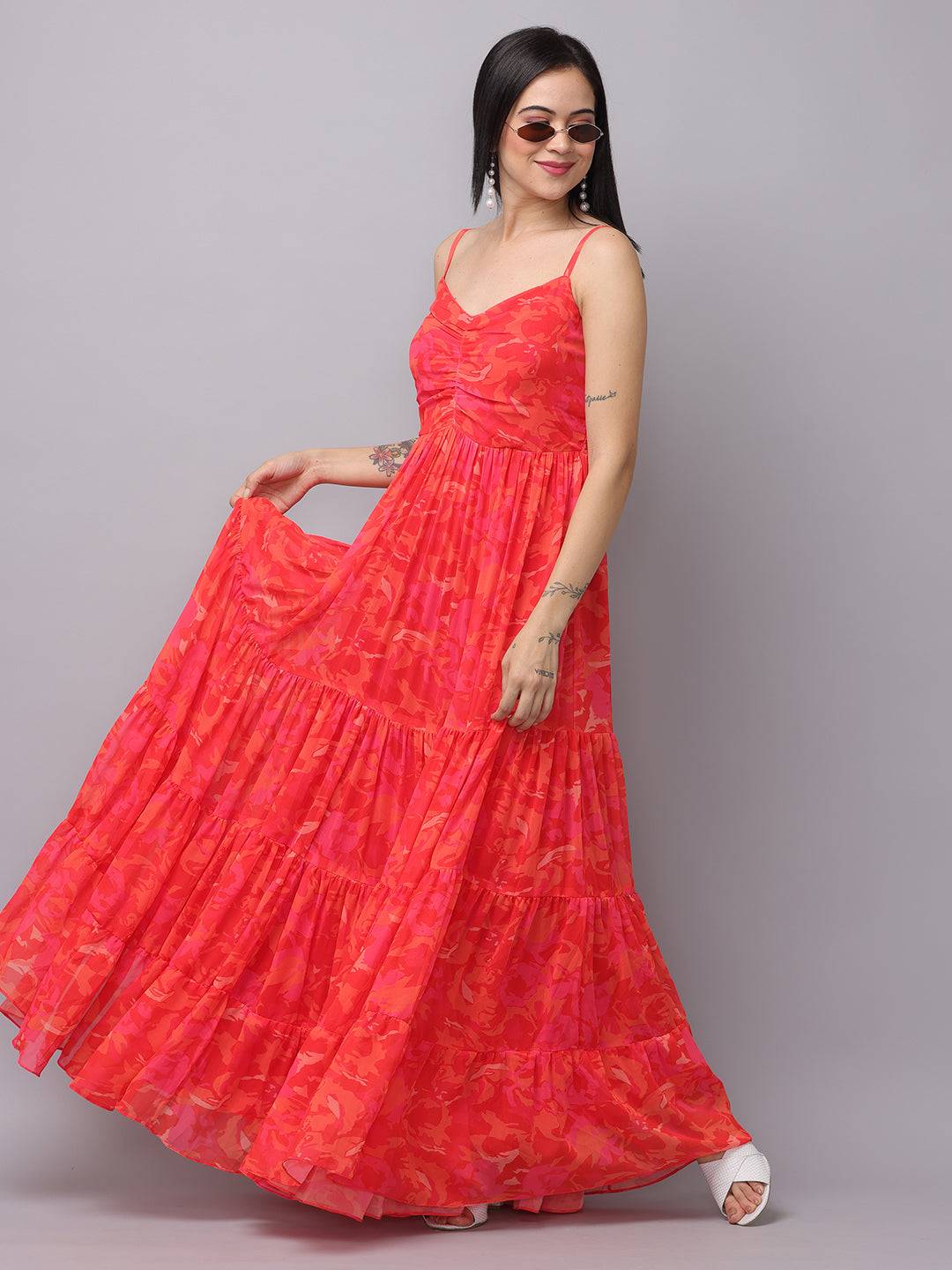 Radiant red floral ruched maxi dress side pose