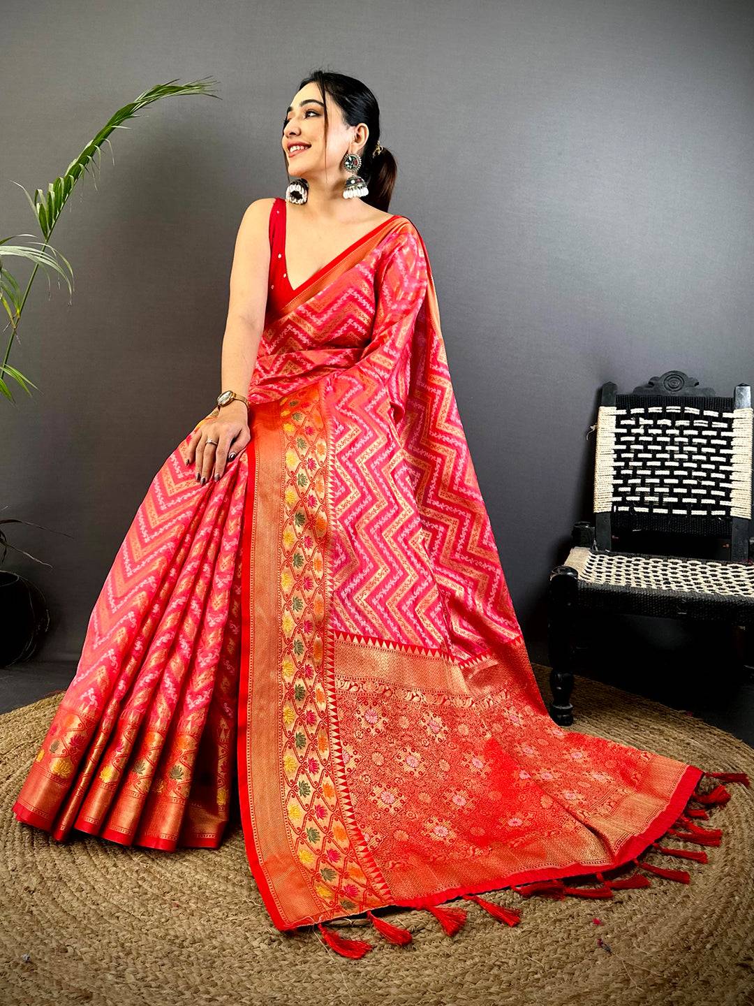 Pink Banarasi Zic Zac Katan Silk Saree