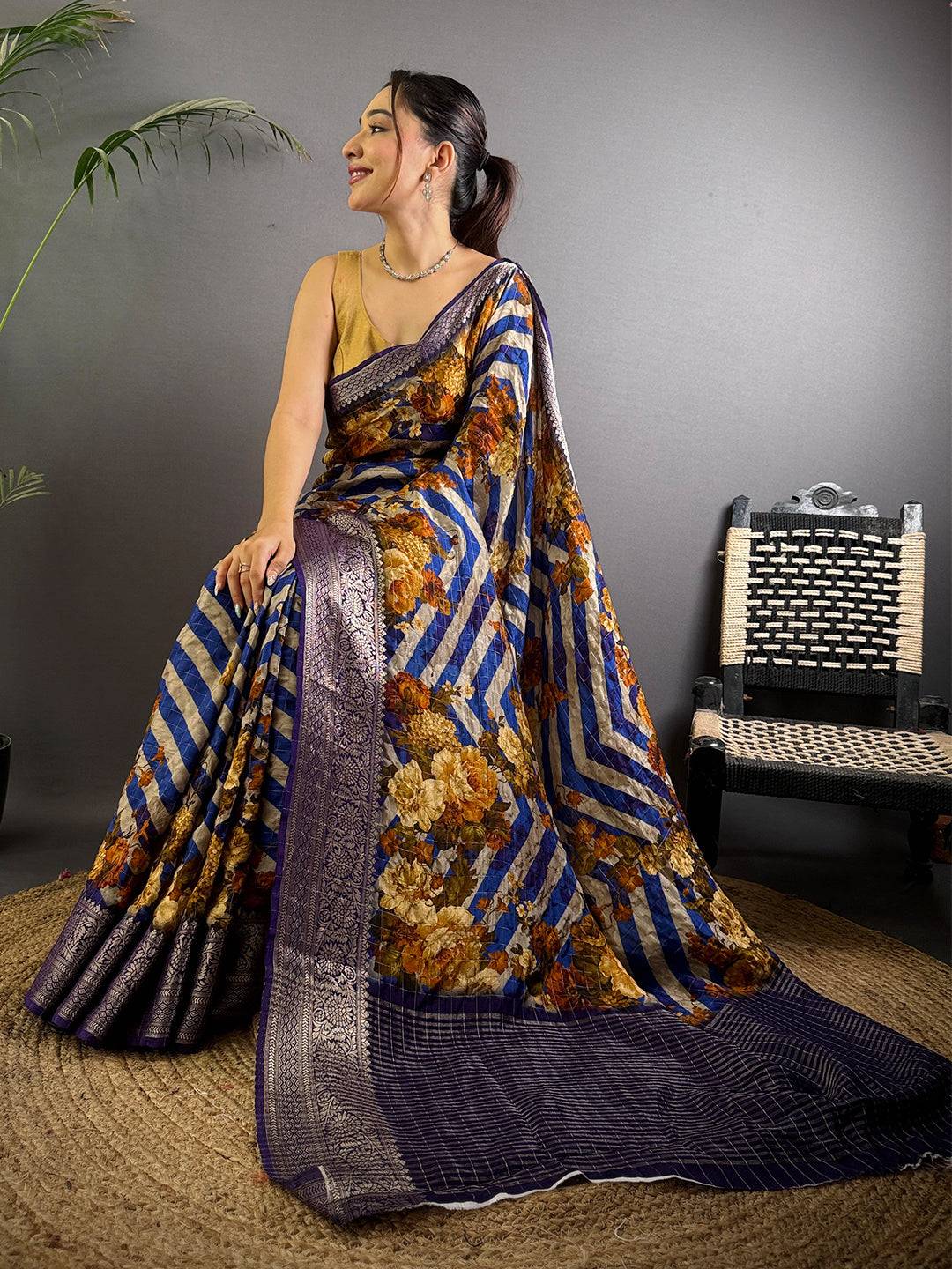 Royal Blue Floral Printed Viscose Saree