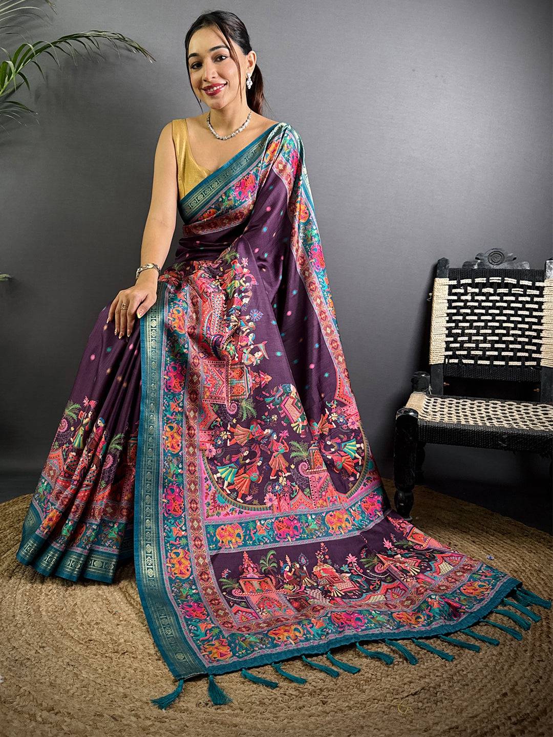 Wine Soft Silk Pashmina Kashmiri Print Saree