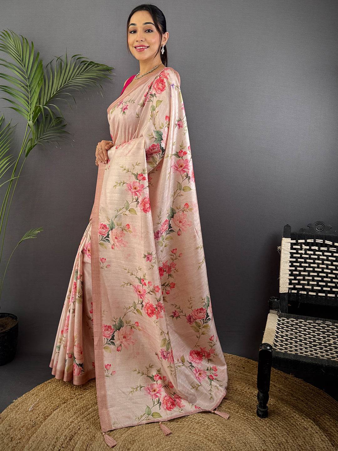 Light Pink Ghicha Leaf Print Saree