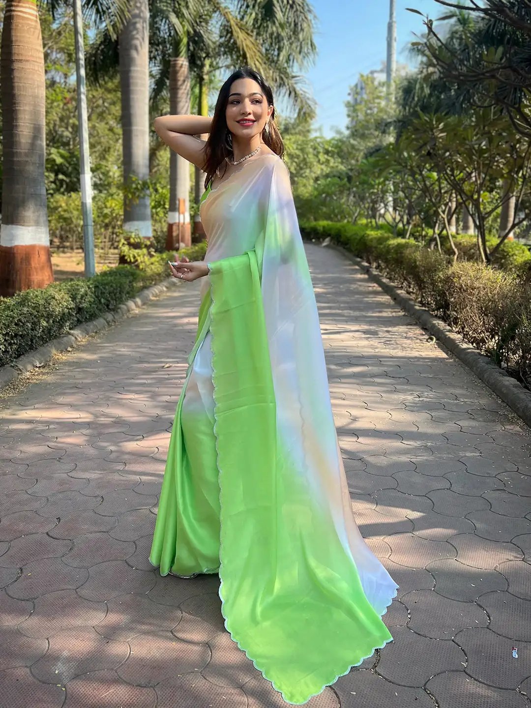 Stylish Green Colour Satin Georgette Saree with Ombre Print