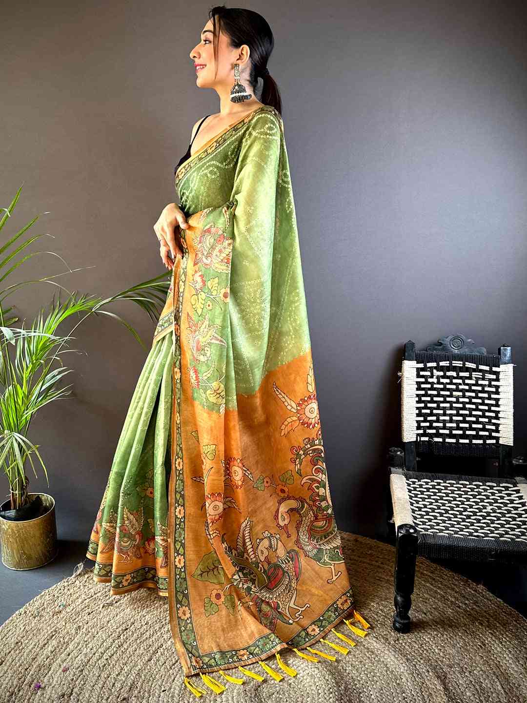 Pista Tissue Bandhej Kalamkari Saree