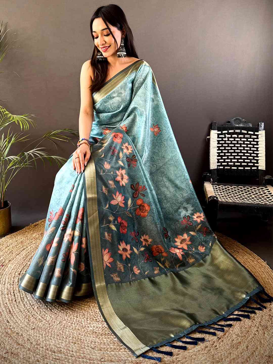 Blue Floral Grace Soft Silk Tissue Saree