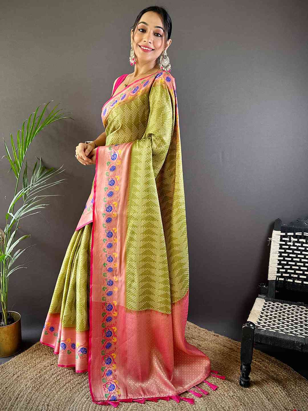 Kora Silk Banarasi Digital Print Saree In Green Colour