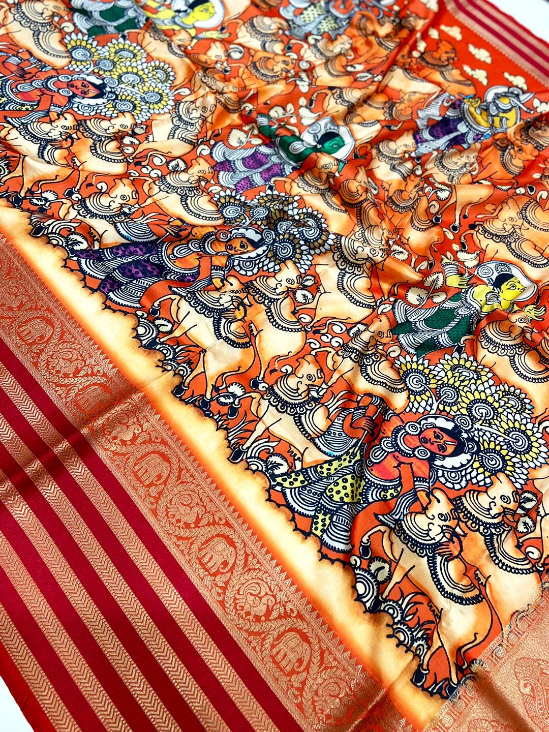 Orange Kalamkari Printed Banarasi Saree