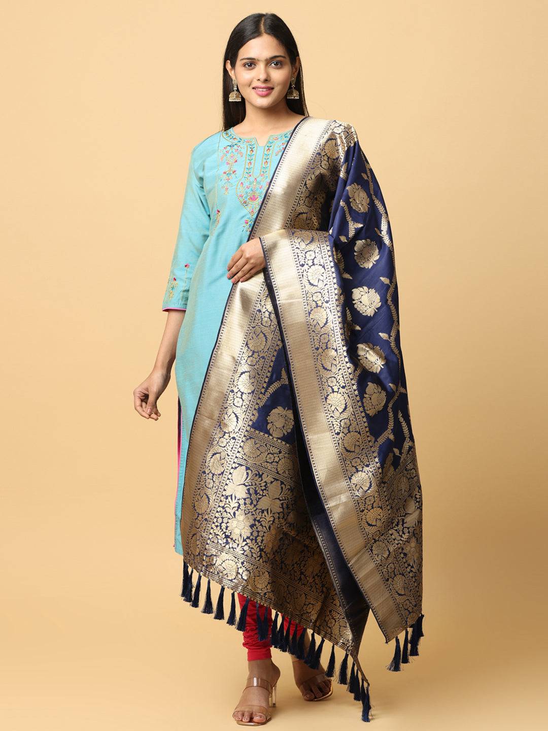 Opulent dark blue silk blend dupatta with gold woven design