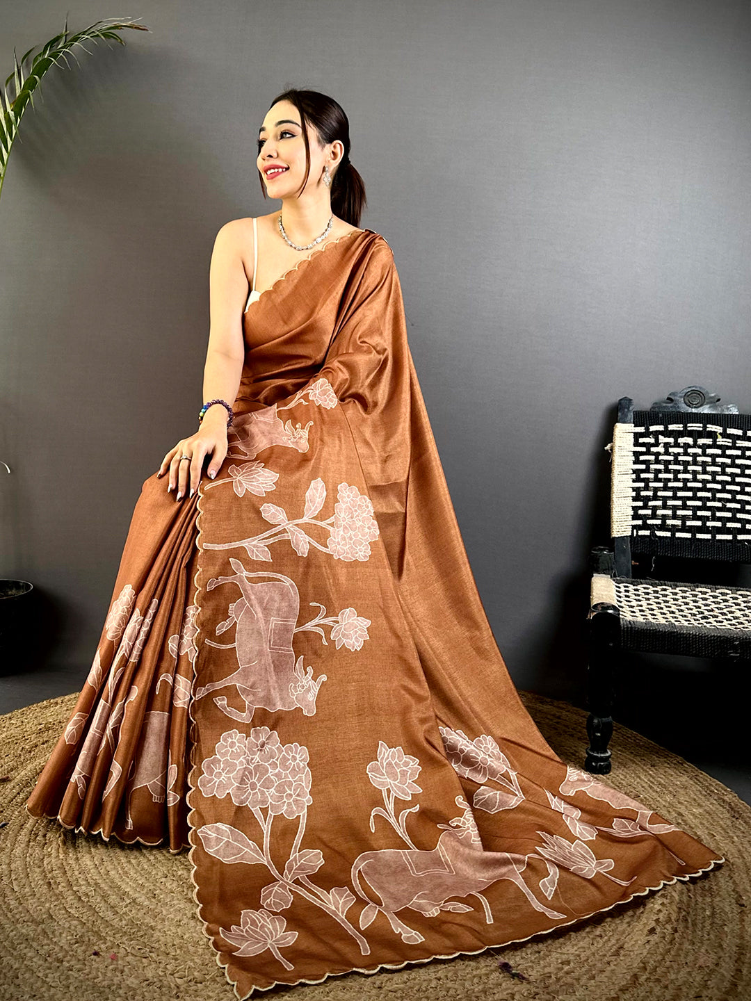 Opulent Tussar Cutwork Digital Saree