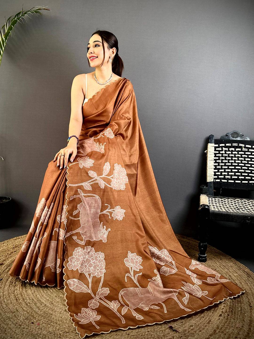 Opulent Tussar Cutwork Digital Saree