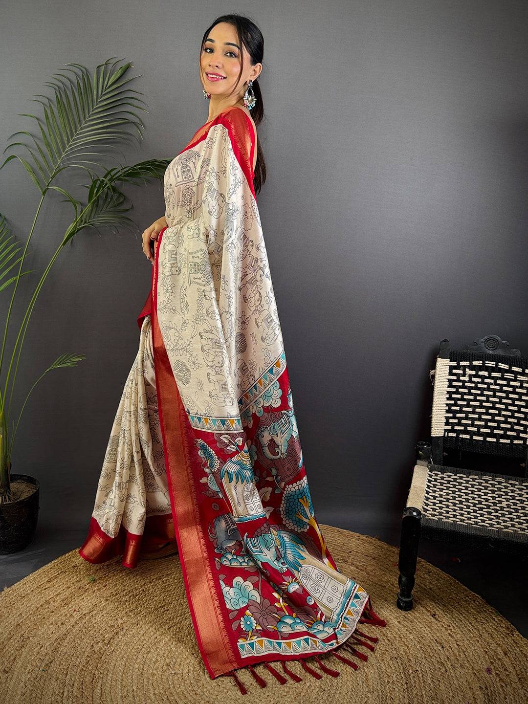 Red Dola Silk Pen Kalamkari Print Saree