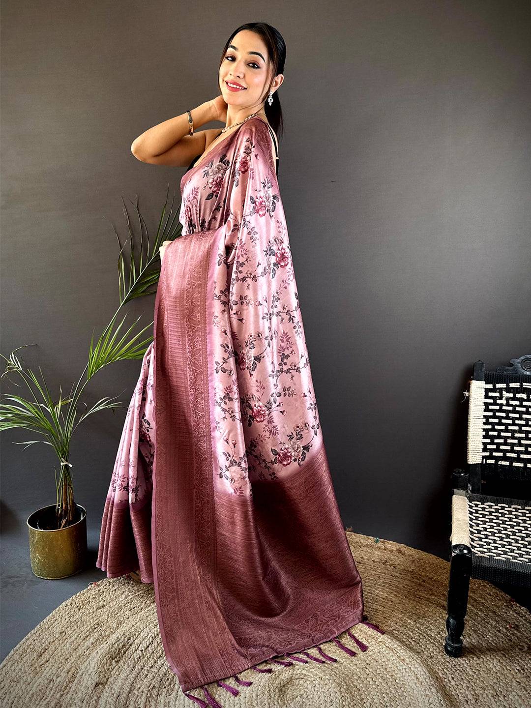 Graceful Black Aura Silk Floral Print Saree