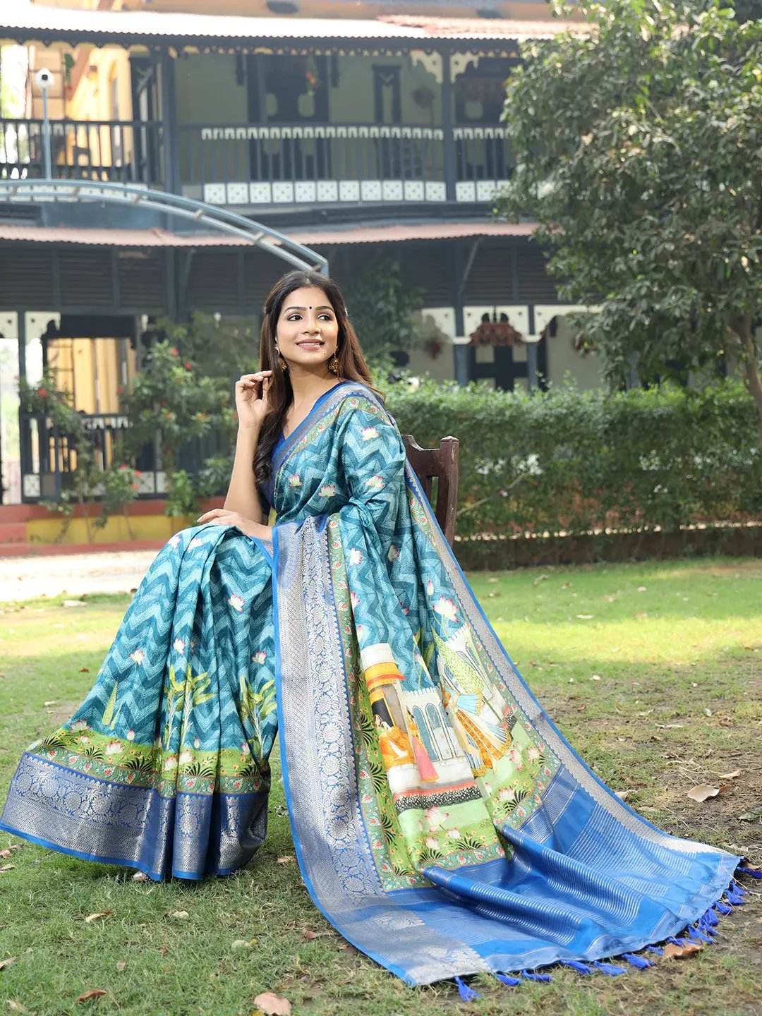 Blue Viscose Dola Silk Saree With Pichwai Kalamkari Print