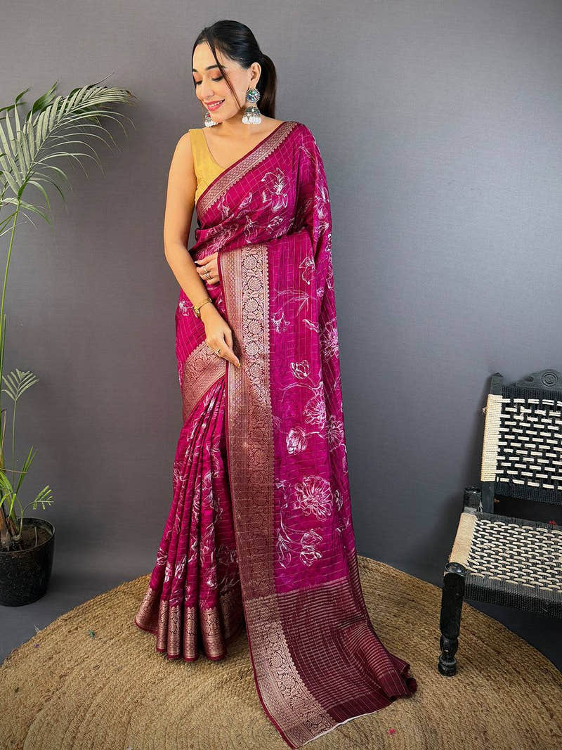 Magenta Floral Kalamkari Viscose Saree