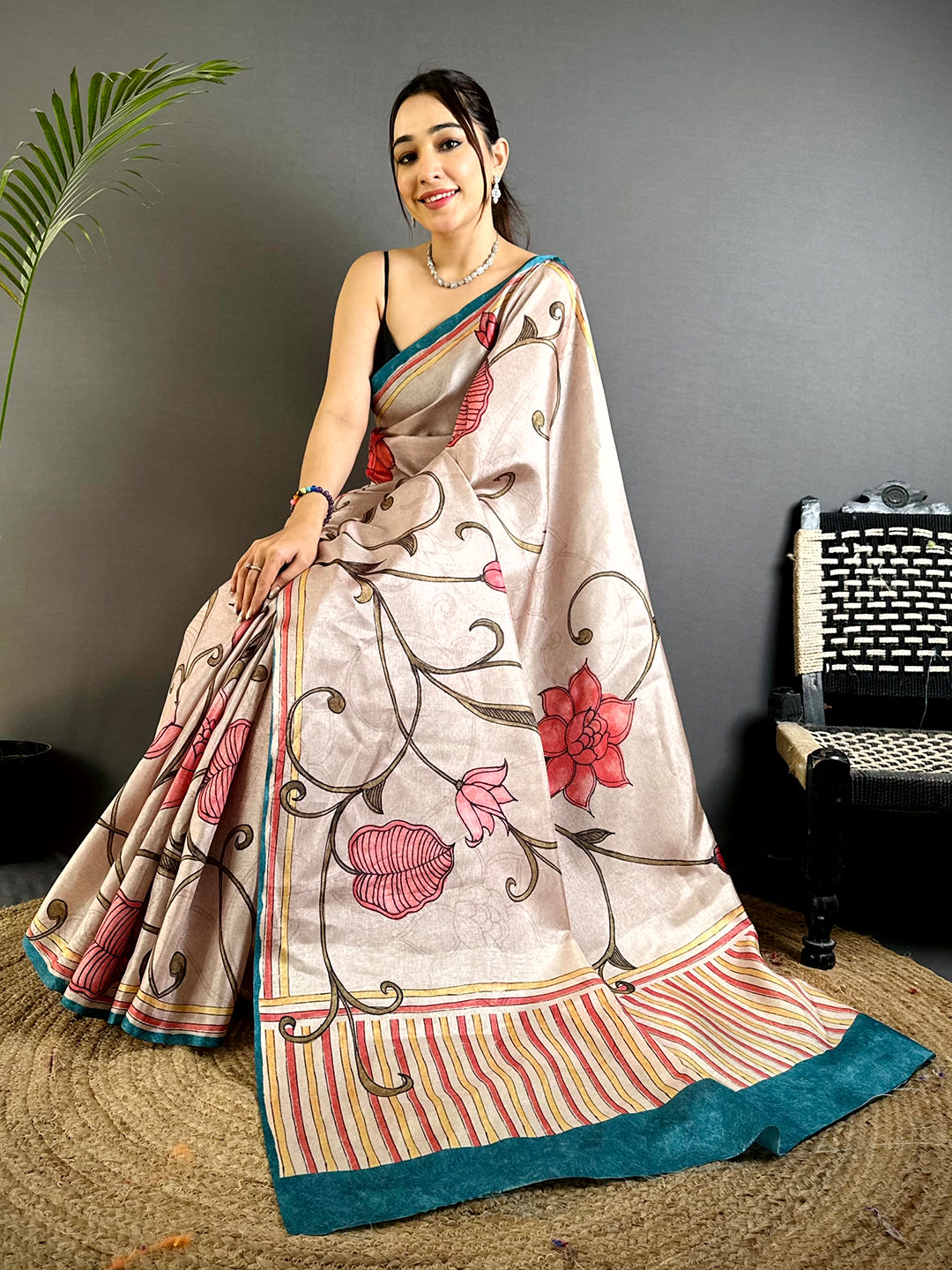 Artistic Flora Kalamkari Tussar Saree