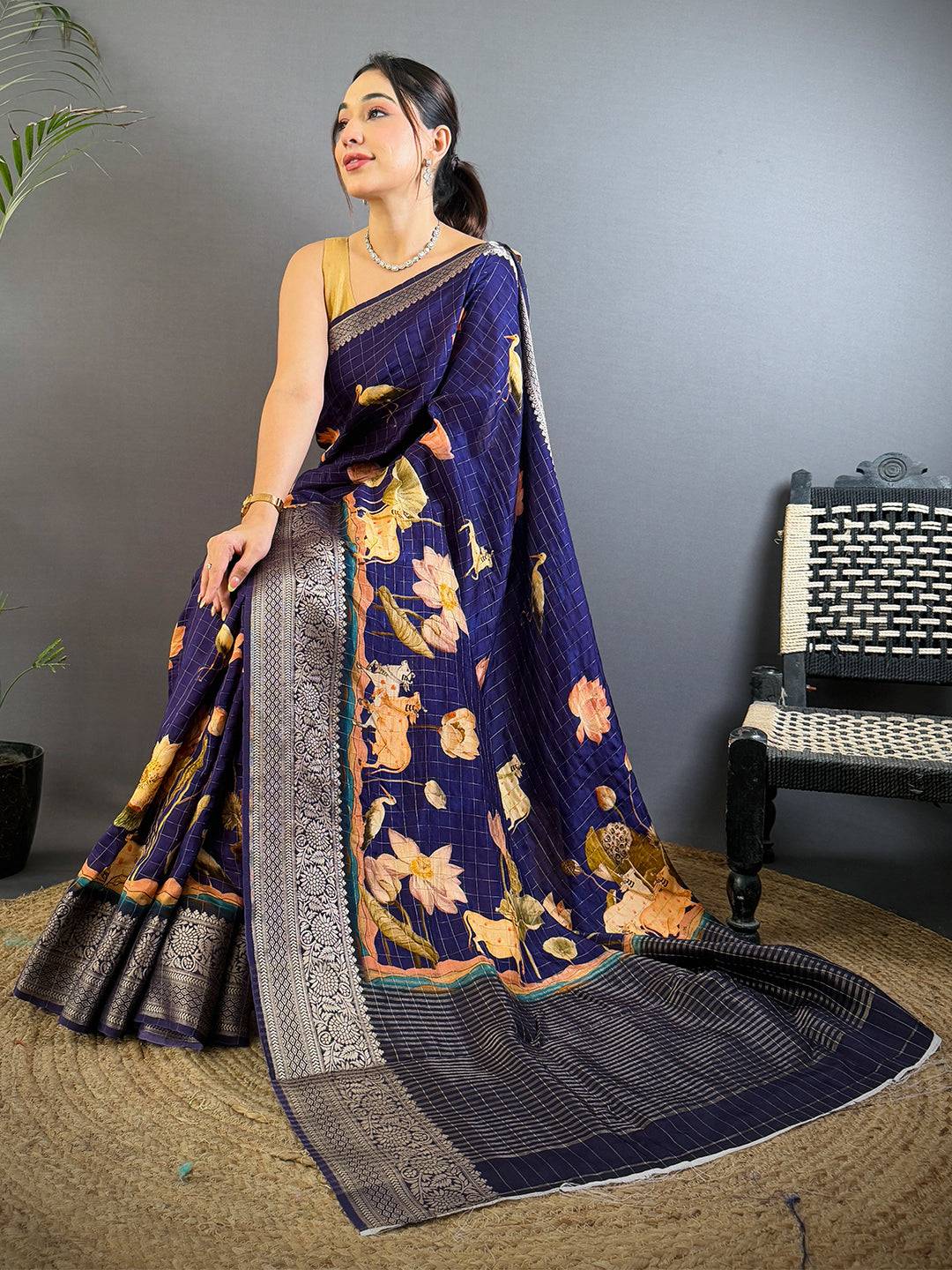Elegant Navy Blue Viscose Kalamkari Saree