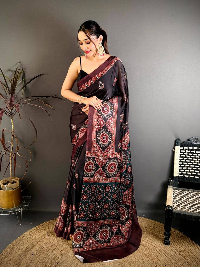 Radiant Ajrakh Print Mirror Work Saree