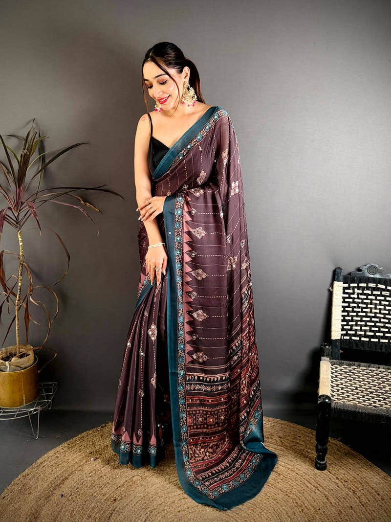 Coffee Brown Ajrakh Digital Printed Saree