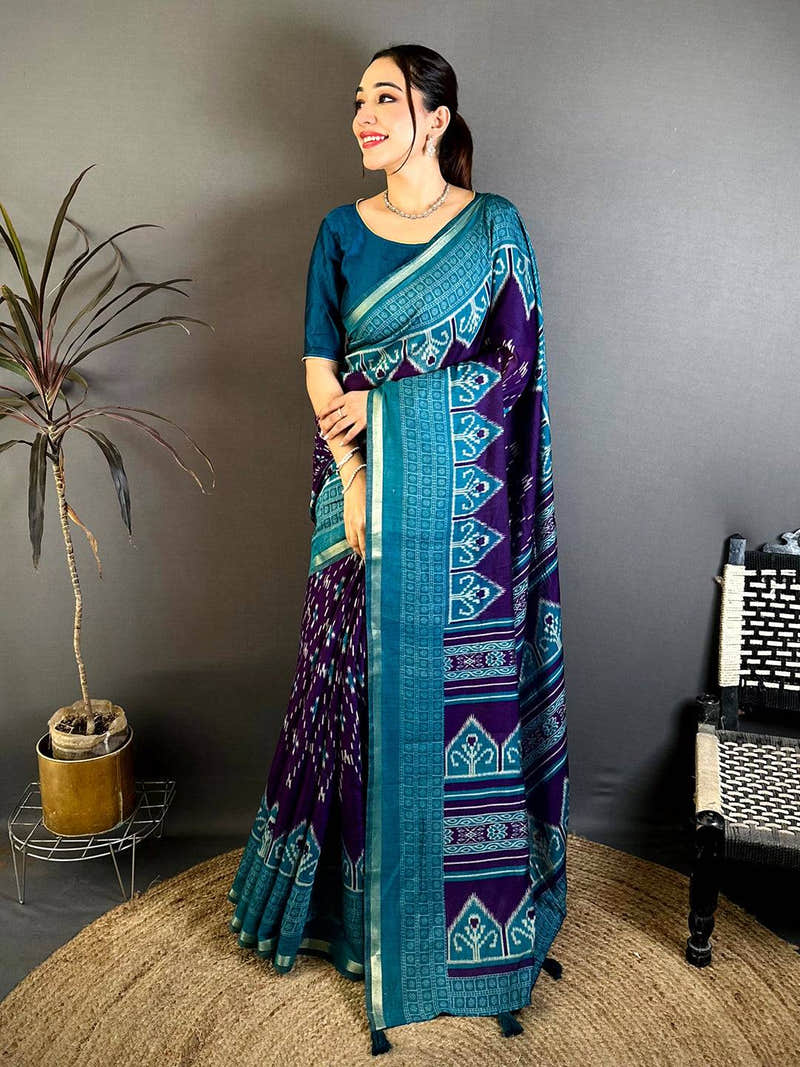 Purple Mul Cotton Ikkat Rudraksha Border Saree