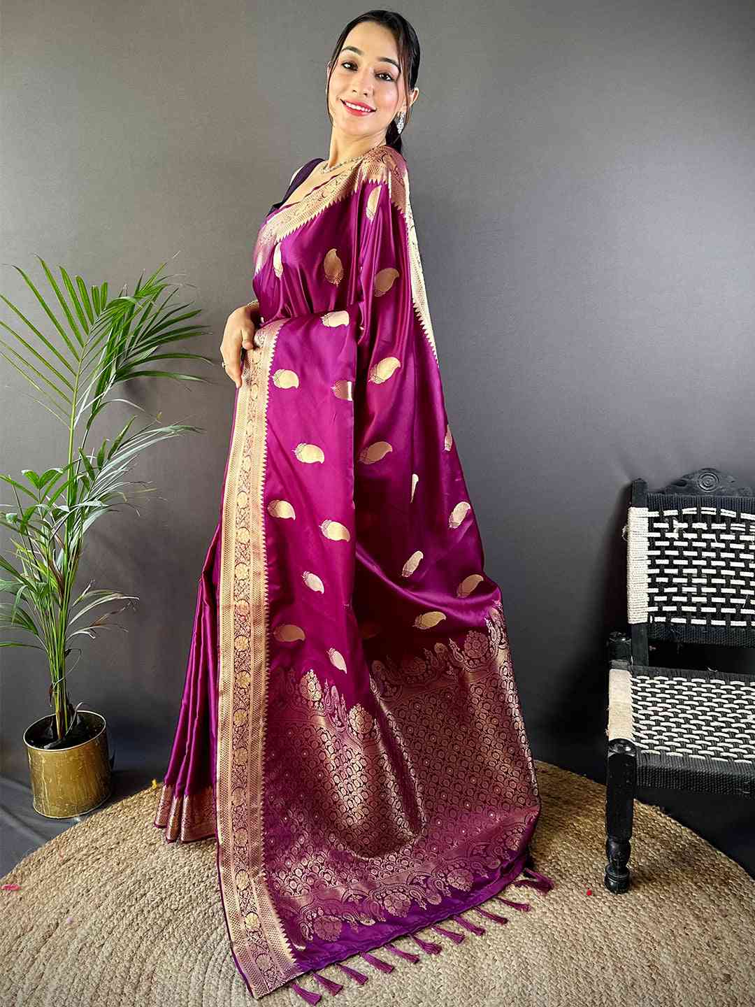 Wine Banarasi Soft Satin Masru Mango Silk Saree