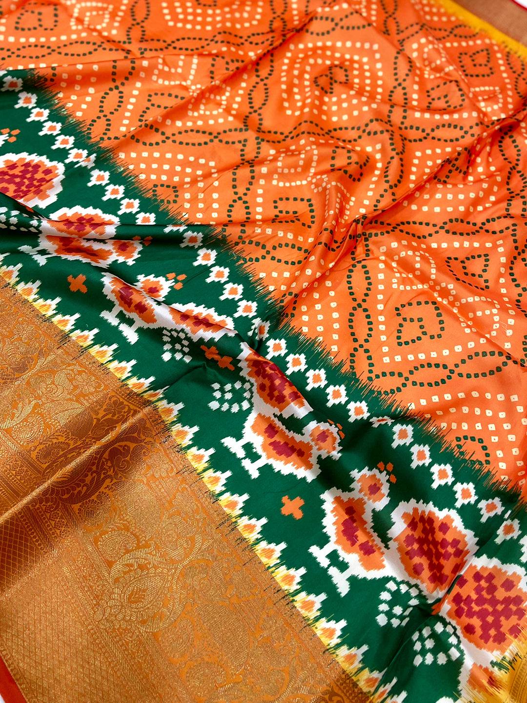 Bright Orange Bandhej Printed Banarasi Saree