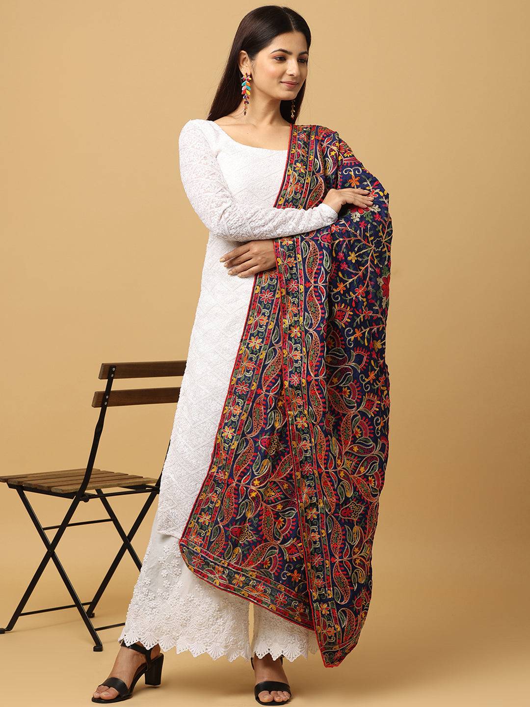 Elegant navy blue dupatta with colorful ethnic motifs