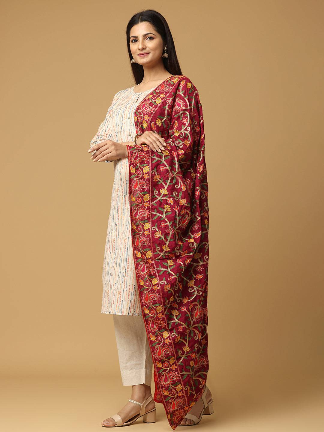 Side view of wine pashmina dupatta with ethnic motifs