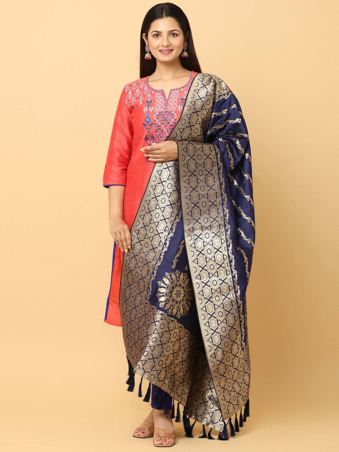 Elegant navy silk blend dupatta with detailed patterns.