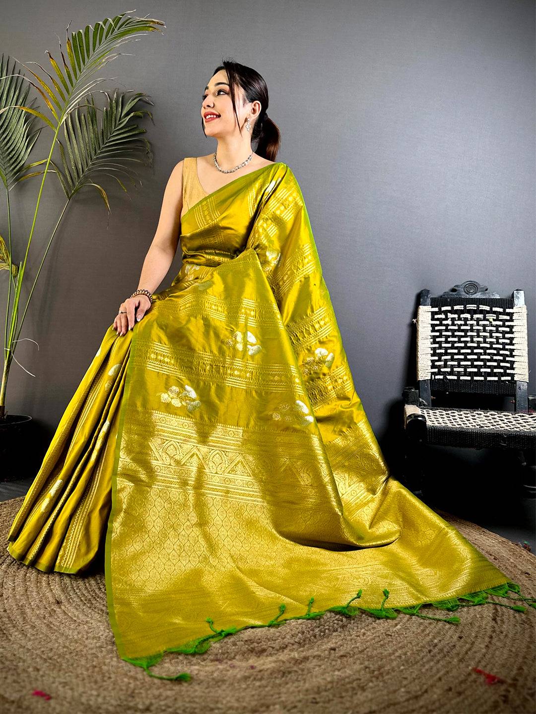 Olive Sona Chandi Striped Silk Saree