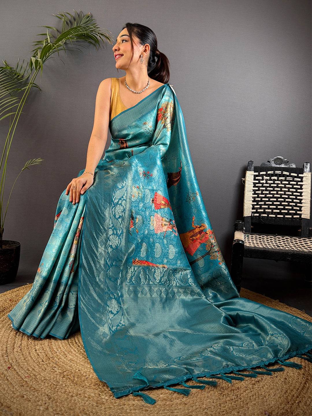 Dark Blue Kanjivaram Silk Digital Print Saree