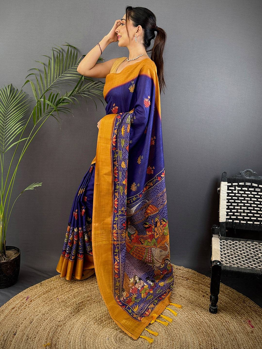 Purple Aari Pashmina Print Linen Saree
