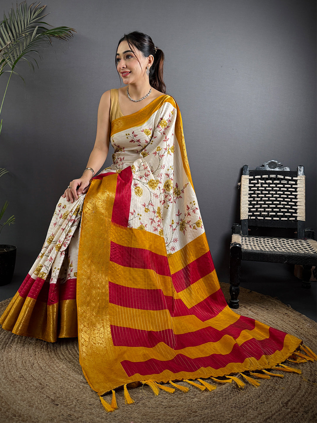 Yellow Soft Dola Silk Zari Katha Saree