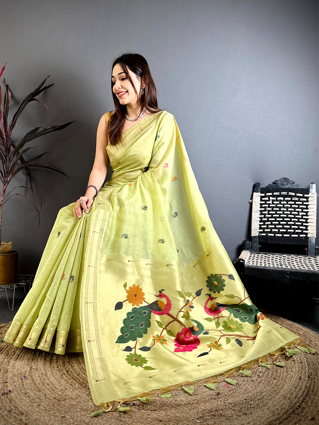 Lime Munia Minakari Khadi Saree