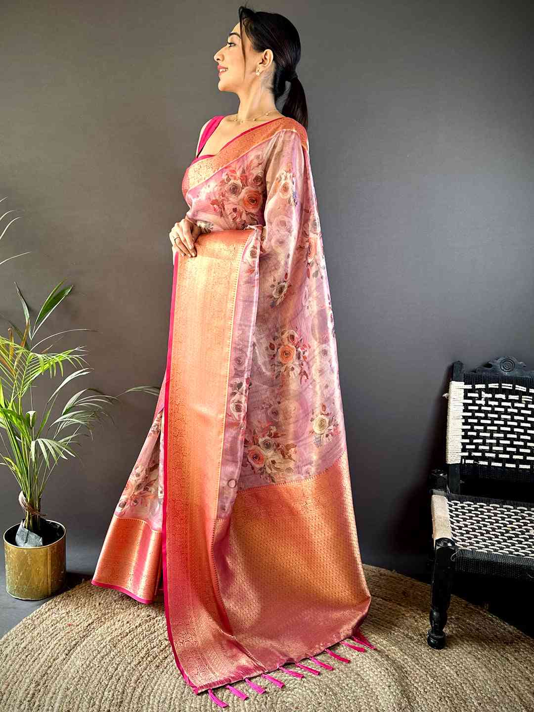 Purple Floral Gold Zari Tissue Saree