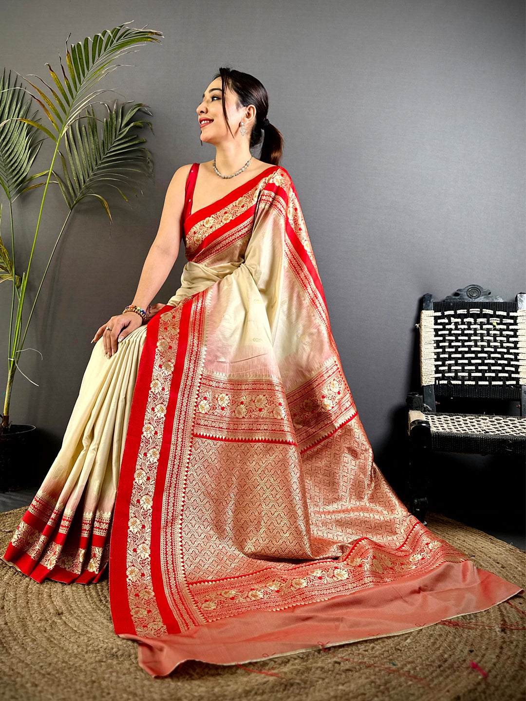 Gold Zari Woven Cream Soft Silk Saree