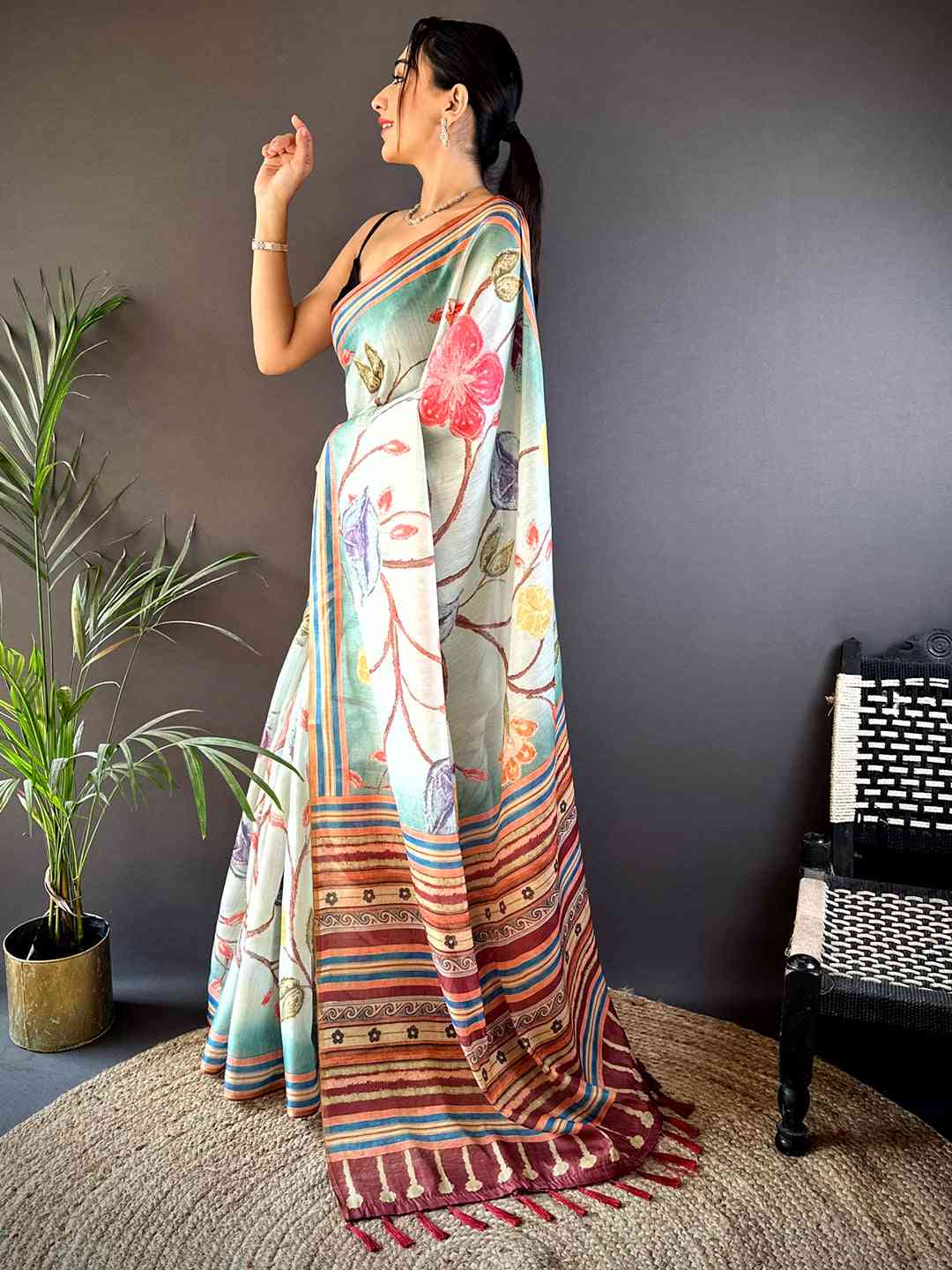 Floral Breeze Blue Chanderi Saree