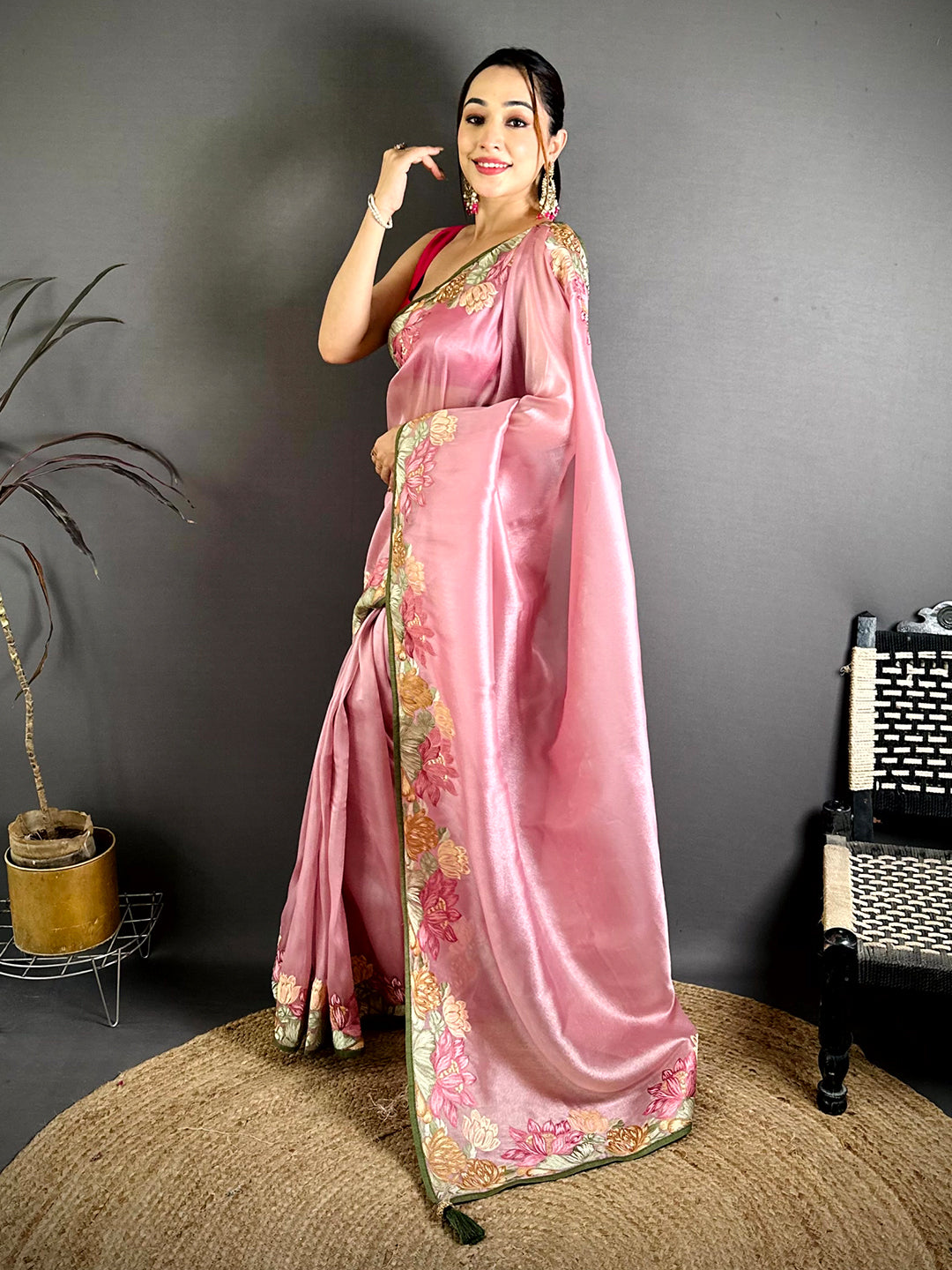 Pink Silky Tissue Resham Border Saree