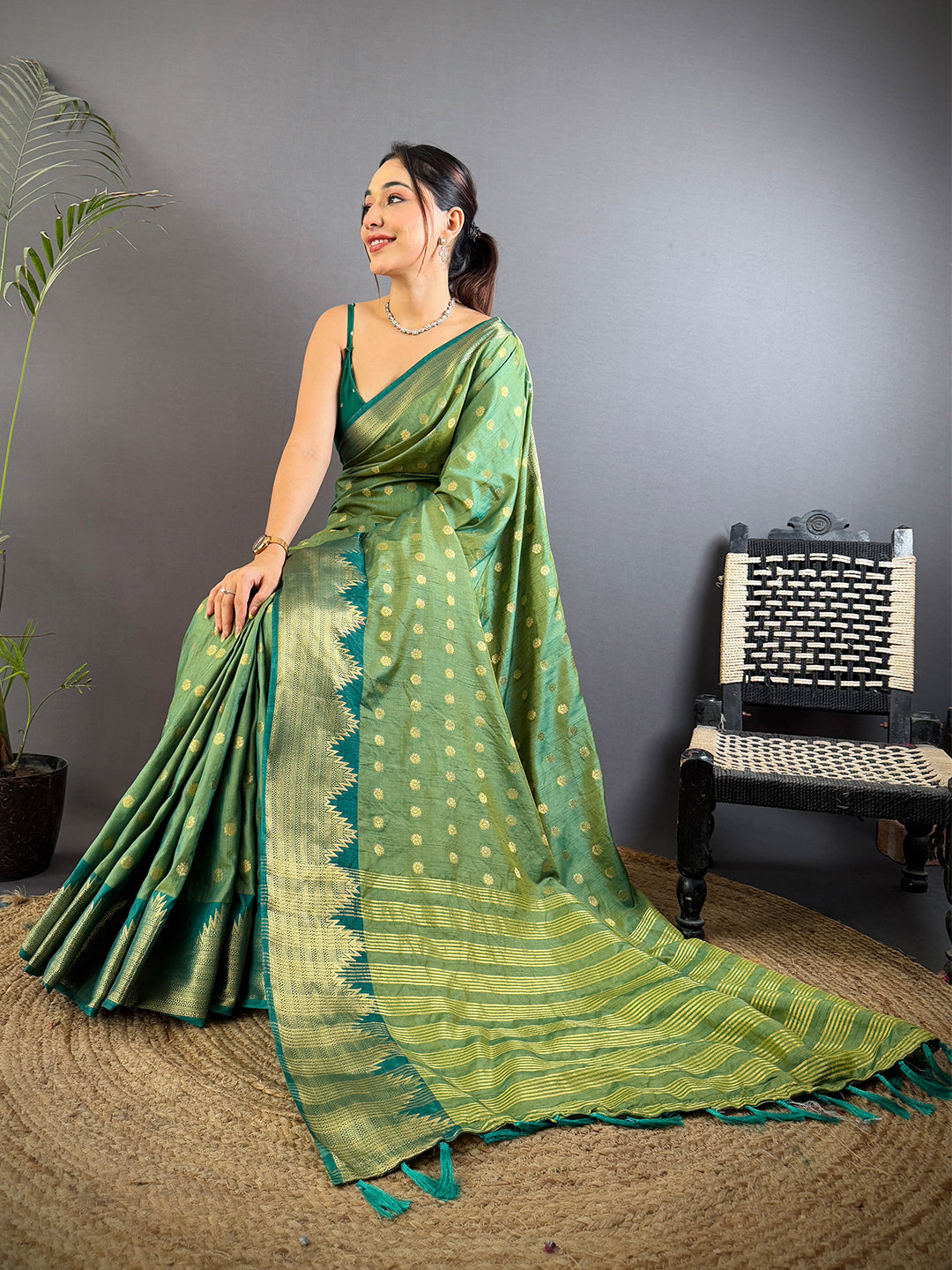 Green Hand Dyed Raw Silk Saree