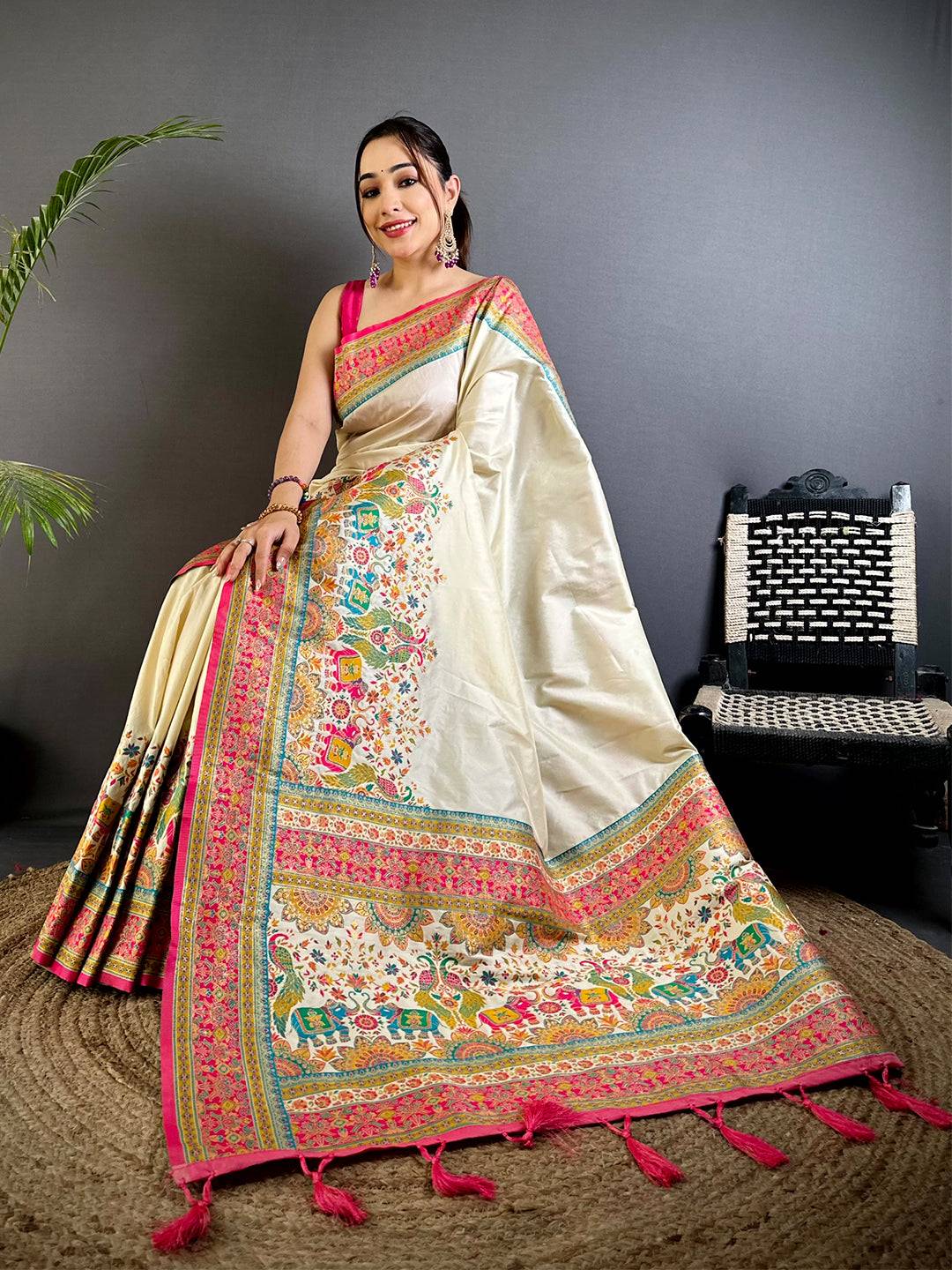 Cream Kashmiri Art Soft Silk Saree