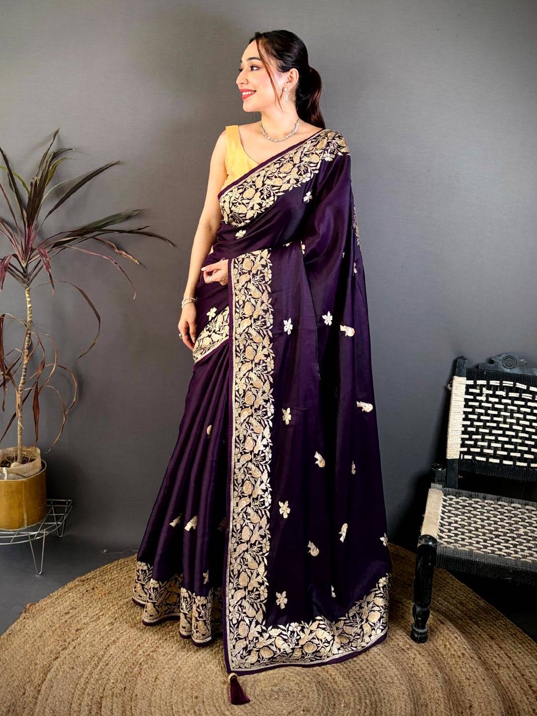 Purple Aari Bird Work Soft Satin Saree