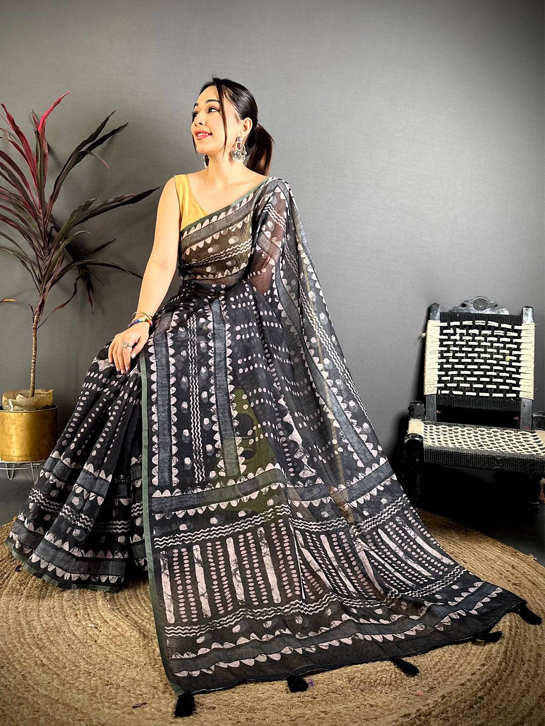 Artistic Ajrakh Print Linen Saree